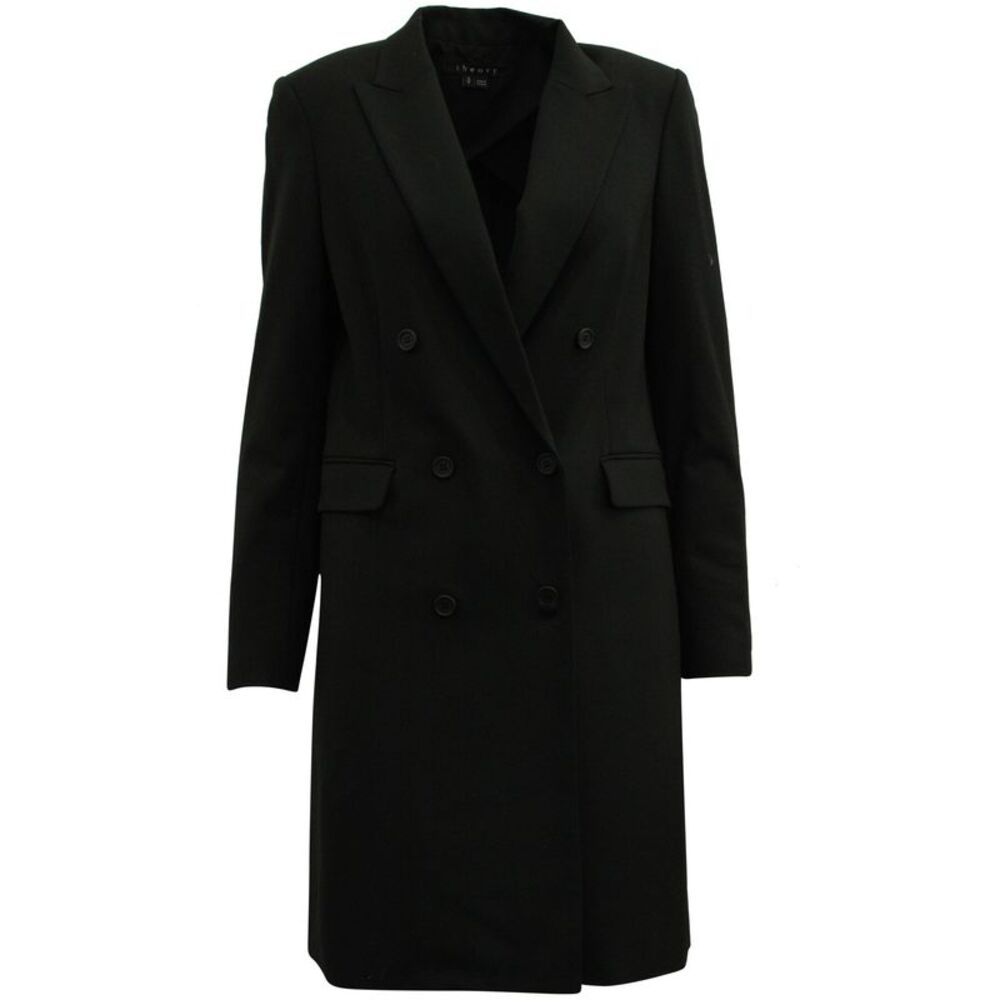 Theory Double Breasted Trench Coat in Black Wool
